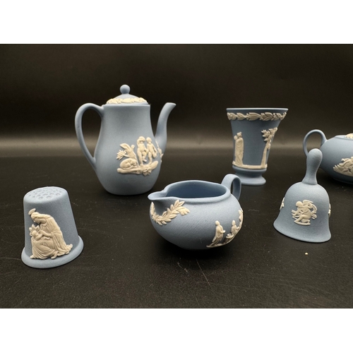 55 - Collection of Miniature Wedgwood Blue Jasper Ware Tea Pots, Pourers, Tea Cup, Thimbles etc