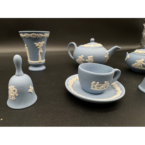 55 - Collection of Miniature Wedgwood Blue Jasper Ware Tea Pots, Pourers, Tea Cup, Thimbles etc