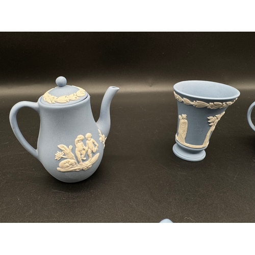 55 - Collection of Miniature Wedgwood Blue Jasper Ware Tea Pots, Pourers, Tea Cup, Thimbles etc