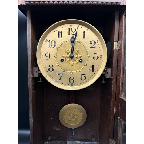 57 - Early 20th Century Oak Cased Gustav Becker Regulator Wall Clock with gilded face includes key - 67cm... 