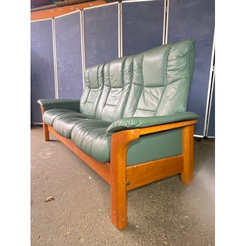 350 - Norwegian Ekornes Green Leather stressless three seater sofa. 

Dimensions - 81.5