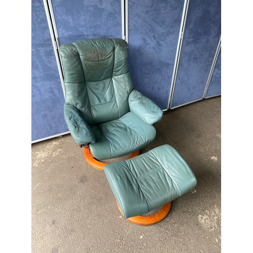 351 - Norwegian Ekornes Green leather stressless armchair and footstool. 

Please see images for dimension... 