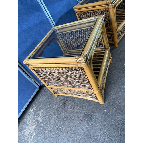 398 - A pair of glass top wicker conservatory side tables and coffee table. 

Please see images for dimens... 