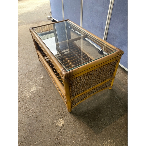 398 - A pair of glass top wicker conservatory side tables and coffee table. 

Please see images for dimens... 