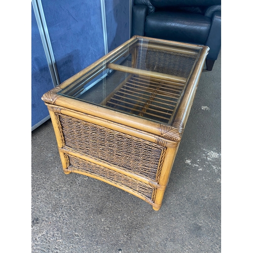 398 - A pair of glass top wicker conservatory side tables and coffee table. 

Please see images for dimens... 