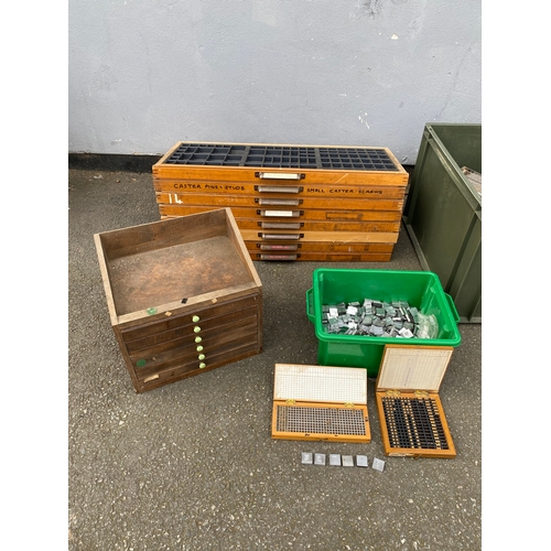 189 - A large quantity of vintage Printing accessories, Eight drawers and table top storage drawers includ... 