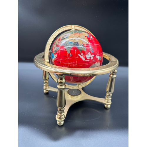 62 - Hardstone / gemstone inlaid table globe in brass gimbal - 9