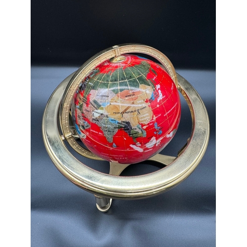 62 - Hardstone / gemstone inlaid table globe in brass gimbal - 9