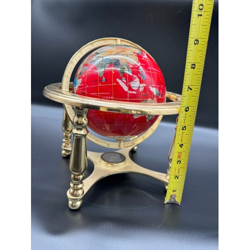 62 - Hardstone / gemstone inlaid table globe in brass gimbal - 9