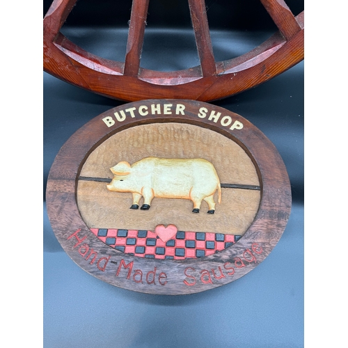 66 - Wooden cart wheel + Reproduction wood carved Butcher Shop sign