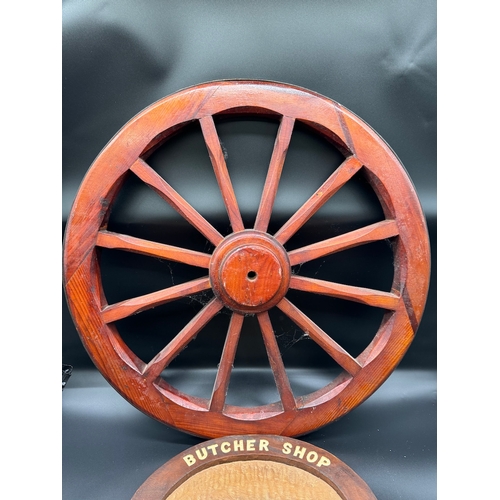 66 - Wooden cart wheel + Reproduction wood carved Butcher Shop sign