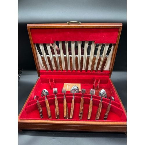 67 - Two vintage Cutlery Canteens Homewood Sheffield Silver Plated + Mid Century Teak Handled set