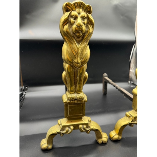 70 - Pair of antique brass lion Andirons / Firedogs