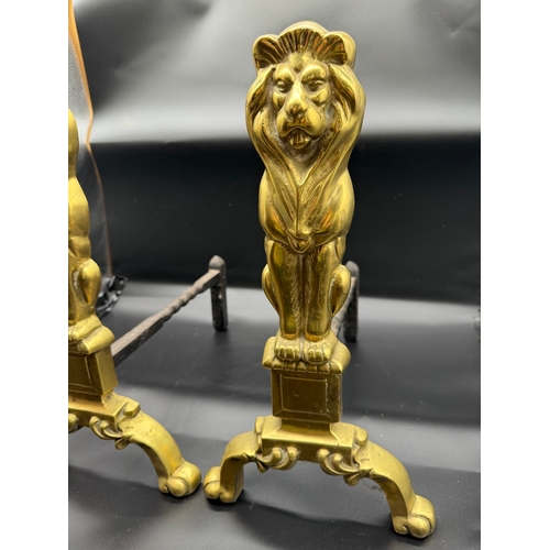 70 - Pair of antique brass lion Andirons / Firedogs