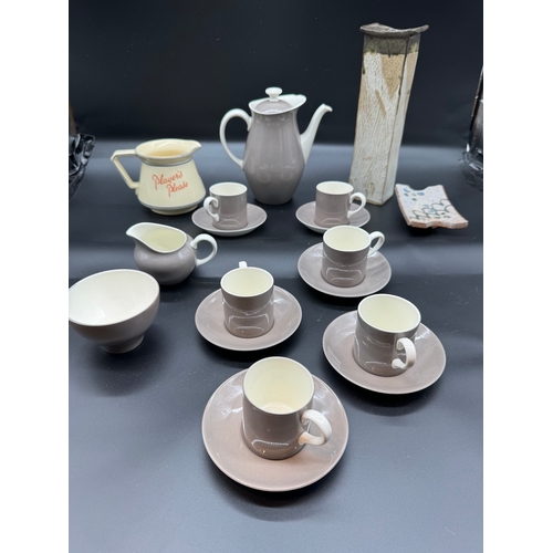 75 - Wedgwood Coffee Set, Players Please Water Jug + Two Studio Pottery Pieces