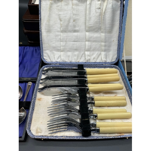 77 - Quantity of Cutlery Sets including complete bone and silver plate A.E Poston 7 Sons Sheffield set