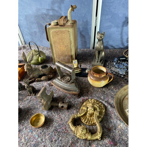 194 - Quantity of various miscellaneous metal collectables / Pottery & Tiles / Wall Light + two coloured g... 