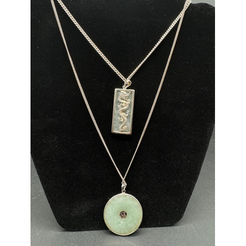 108 - Two 925 silver Curb chain with Jade Oriental Pendants