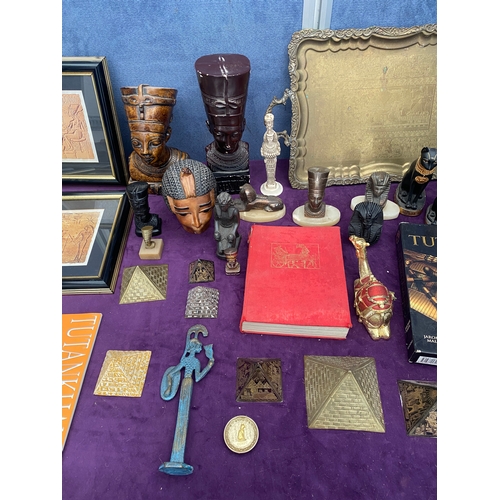 466 - A collection of Ancient Egyptian inspired collectables including busts, pyramids, framed prints + ot... 