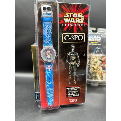 423 - Collection of 1990's Star Wars Merchandise - Ceramic Darth Vader Money Bank, C-3PO Keychain & Watch,... 