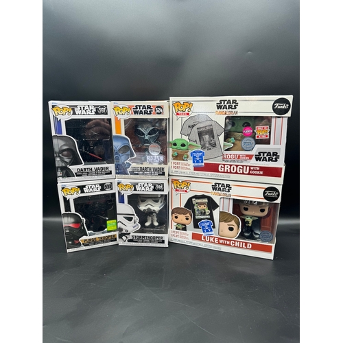 Six Boxed Star Wars Pop Figures including Darth Vader, Purge Tropper, Stormtropper, Concept Series Darth Vader, Grogu with Cookie + Luke with Child