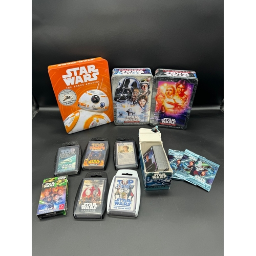 459 - Collection of Star Wars Top Trumps + other trading cards / tins + 3 sealed packs etc