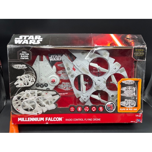 507 - Boxed Millennium Falcon RC Flying Drone, 1996 Light Saber + The Mandalorian Children's Costume