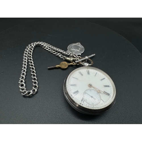 137 - Antique Sterling Silver Pocket Watch, Chain & Fob with Key - R Harker