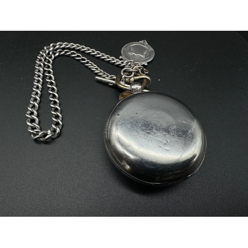 137 - Antique Sterling Silver Pocket Watch, Chain & Fob with Key - R Harker