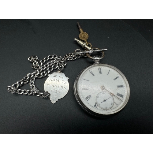 137 - Antique Sterling Silver Pocket Watch, Chain & Fob with Key - R Harker