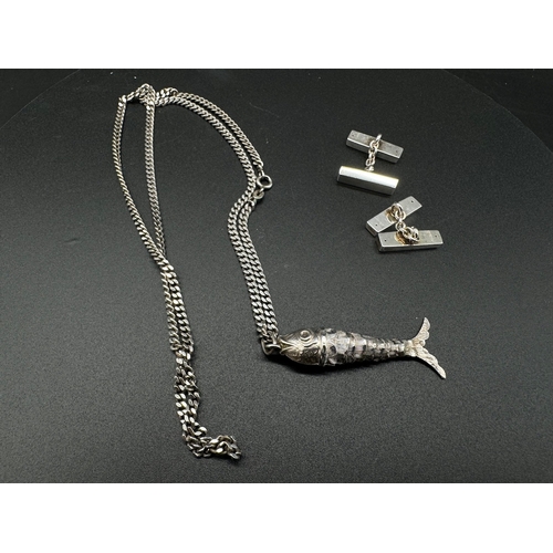 138 - Sterling Silver Curb chain with silver mechanical fish pendant & bar cufflinks - 26g