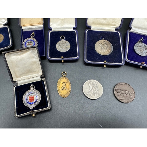 140 - 16 x Early 20th Century Medals Football, Boxing, Military, Cricket + others in original medalist cas... 