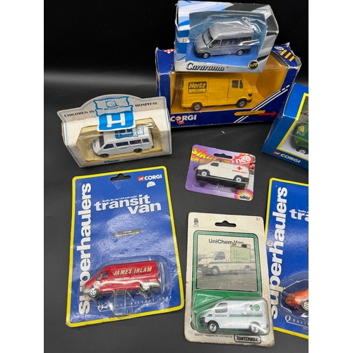 170 - A collection of Corgi Super haulers Transit Vans + others all boxed / carded