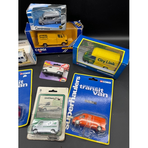 170 - A collection of Corgi Super haulers Transit Vans + others all boxed / carded