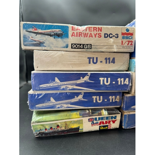 187 - A collection of 9 Sealed Commercial Airline Plasticart TU-114 / TU-20 / IL-62 Model Kits & others + ... 