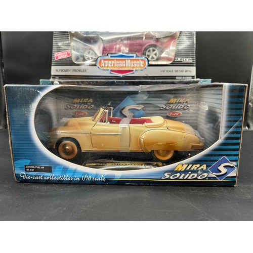 209 - Four 1/18 scale model die cast American cars including Mira by Solido Chevrolet Bel Air, Sun Star ch... 