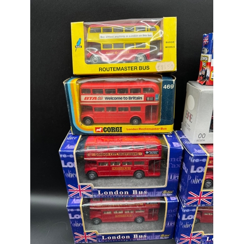 212 - A collection of 8 London Routemaster Bus Diecast Models all boxed by Corgi, Redbox, Budgie Models + ... 