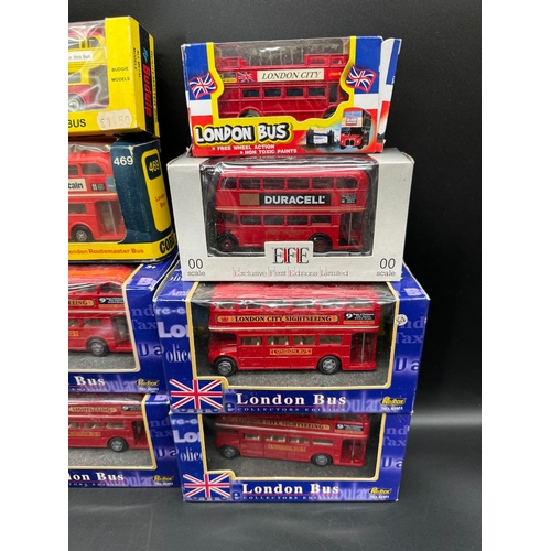 212 - A collection of 8 London Routemaster Bus Diecast Models all boxed by Corgi, Redbox, Budgie Models + ... 