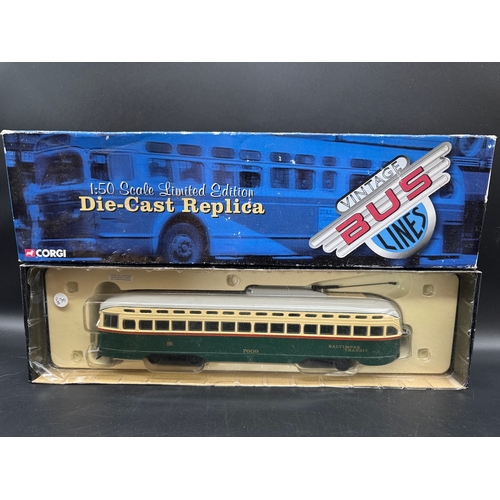 213 - Corgi die cast coaches & buses including Corgi Vintage Bus Line PCC Streetcar Baltimore 1/50 + Origi... 