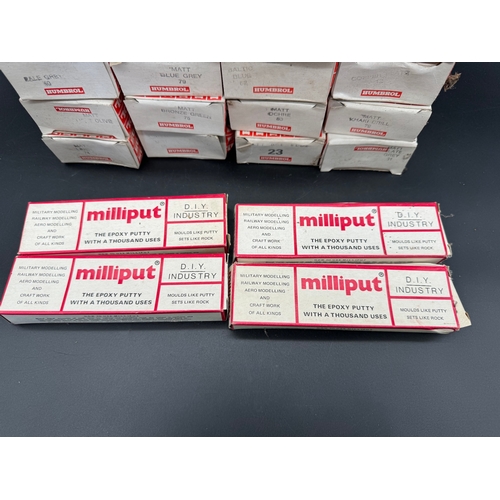 232 - A quantity Humbrol Enamel Miniature Model Paint Tinlets + Milliput Epoxy Putty all unused