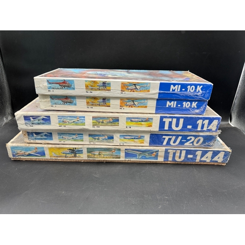 235 - Five Sealed VEB Plasticart moulded plastic aircraft kits including TU-144 Concorde / TU-20 / TU-114 ... 