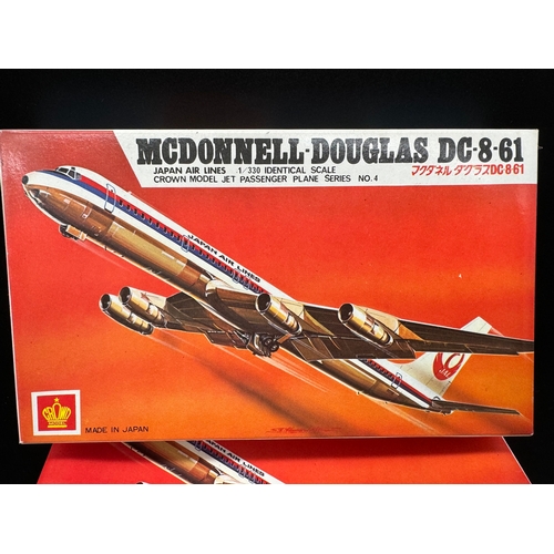 237 - Seven Complete Boxed Crown Japan Model McDonnell Douglas DC 8 61 Plastic Moulded Kit