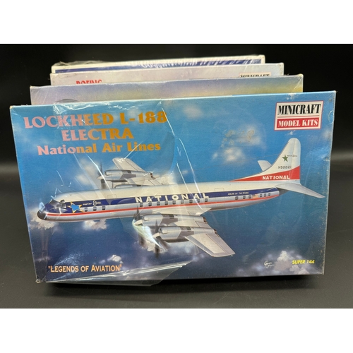 239 - Four Sealed Minicraft Aircraft Plastic Moulded Kits Boeing 737-300 / Douglas DC-6R, Space Shuttle 7 ... 