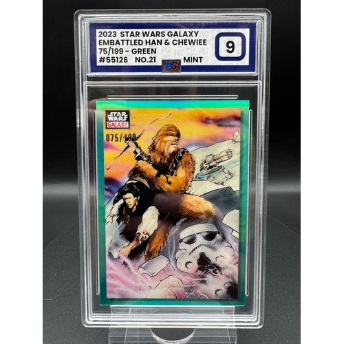 565 - 2023 Topps Star Wars Galaxy Chrome Embattled Han & Chewiee 75/199 Green Refractor Card Graded Mint 9... 