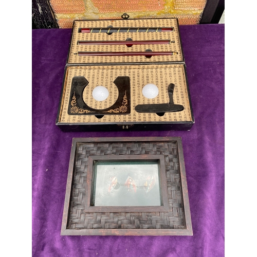 117 - Mini golf travel set and Framed fishing Flies.