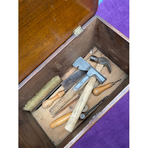 144 - Wooden tool box and contents.