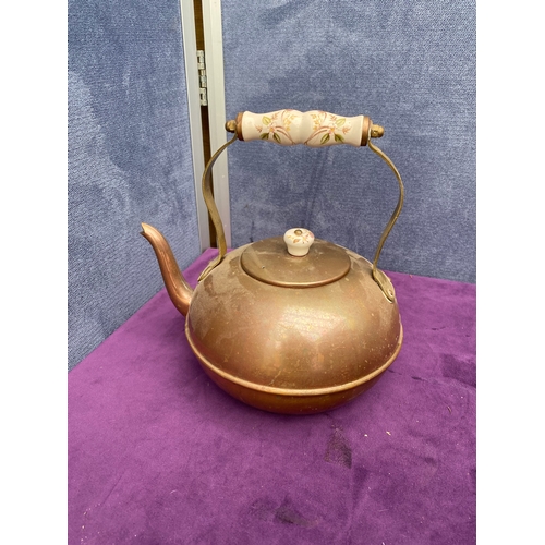 145 - Copper hot water urn and two tea pots