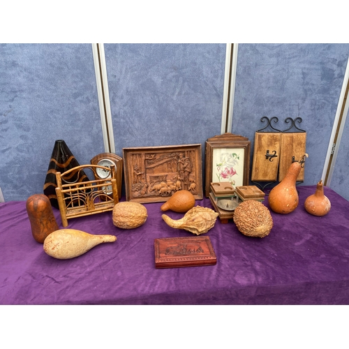 154 - Large lot of wooden collectables including carved tray and key storage box