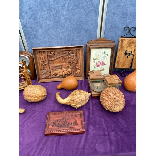 154 - Large lot of wooden collectables including carved tray and key storage box