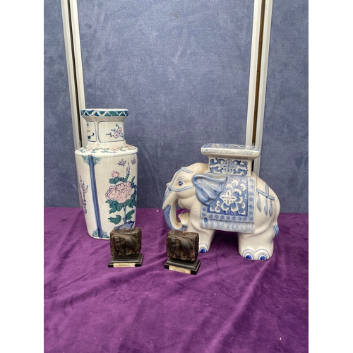 159 - Ceramic Vase and Elephant plant stand with two elephant candles.